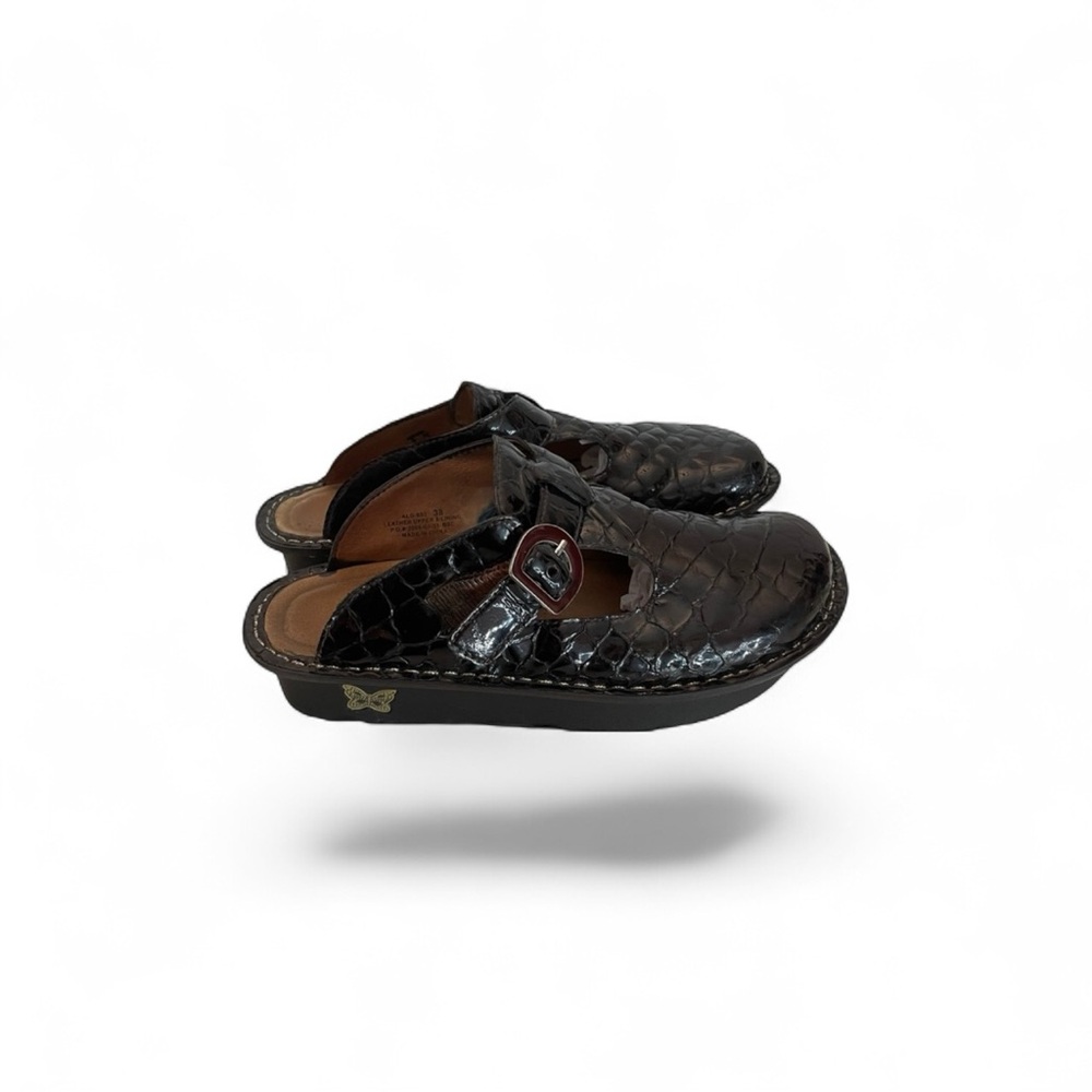 Alegria bohemian slip on black reptile print leather clog comfort shoe size 38